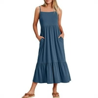 Ženska ljetna plaža duga Maksi haljina s naramenicama s četvrtastim vratom, jednobojna, A kroja, s volanima, tamnoplava, e-mail