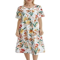 Ženska duga haljina u donjem rublju, Elegantna široka ljetna ležerna haljina s okruglim vratom i kratkim rukavima s cvjetnim printom