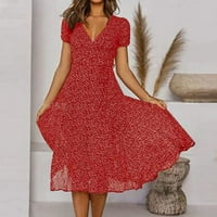 Ženske haljine ljetna duga haljina s izrezom u obliku slova U i kratkim rukavima za žene, Crvena, crvena