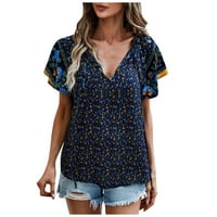 Ženske majice, Ženske Ležerne Boho majice s cvjetnim printom u obliku slova U, majice s kratkim i dugim rukavima, bluze u plavoj