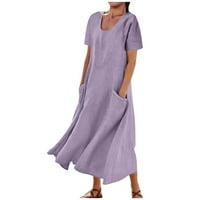 Ženska pamučna lanena haljina s okruglim vratom, kratkih rukava, sarafan širokog kroja s džepovima, ležerni kroj, jednobojne haljine