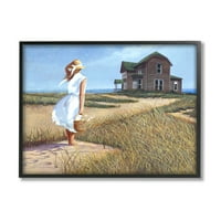 Stupell Industries Žena koja stoji vjetrovito povjetarac daleka plaža kuća slika crno uokvirena umjetnička tiskana zidna umjetnost,