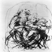 Djevica i beba s mačkom. Crtež Leonarda Da Vincija. Ispis plakata iz