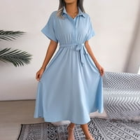 Mini haljine za žene, ljetna ležerna haljina s košuljom s izrezom u obliku slova U i kratkim rukavima i volanima, jednobojna plisirana