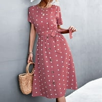 Ženska ljetna haljina ljetna haljina Ženska haljina s printom na točkice, kratki rukav, pojas u struku, okrugli ovratnik, donji gumb
