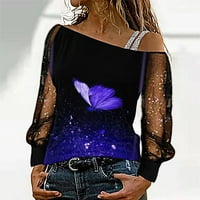 Ženski modni top, bluza sa šljokicama s printom leptira, mrežasta košulja s dugim rukavima s ramena, široka bluza s fuzijom, Top;