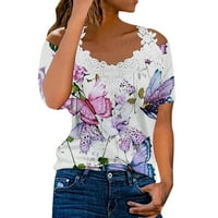 Majice za žene, majica s ramena, čipkasta majica s cvjetnim printom na ramenu, rukav obične ljetne bluze