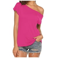 + / ženska jednobojna bluza s vratom čamca, ležerna majica kratkih rukava s ramena, vrhovi vruće ružičaste boje;