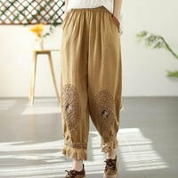 Ženske ravne hlače s elastičnim vezicama visokog struka ljetne modne casual široke pamučne lanene hlače duge jednobojne hlače za