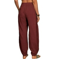 Ženske Ležerne hlače s džepovima i elastičnim elastičnim strukom, jednobojne hlače, široke duge hlače, hlače u boji vina
