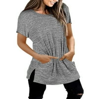 ; / Ženska modna bluza od tunike s bočnim prorezom ženska široka boho majica kratkih rukava jednobojna majica s džepovima siva;