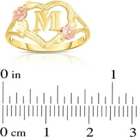 10-karatni prsten s početnim slovom 10-karatnog žutog zlata s uzorkom srca i cvijeta od ružičastog zlata, veličine 4-9