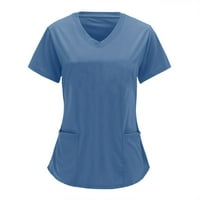 Ženske ljetne majice, modna radna odjeća s izrezom u obliku slova U i kratkim rukavima i džepovima, jednobojni vrhovi, bluza u obliku