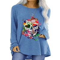 Ženska tunika s printom lubanje, bluza s dugim rukavima, majica s okruglim vratom, ležerni pulover, Majice, Ženska majica za Noć
