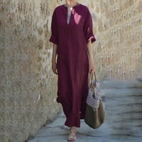 Plus Size Ženska Maksi haljina od pamuka i lana, Ženska džepna široka kaftanska haljina u vinsko crvenoj boji