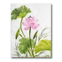 Jedinstveni 'pojedinačni vintage ružičasti lotos cvijet sa zelenim lišćem tradicionalno platno zidna umjetnička print