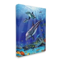 Stupell Industries Aquatic Delphins & Fish Coastal Coastal Liening Galery Wrapped Canvas Print Wall Art