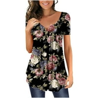 Ženske majice, Ženska bluza kratkih rukava, Ležerne modne majice s cvjetnim printom s okruglim vratom, crni papiri