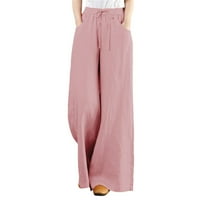 Ženske ljetne jednobojne hlače širokih nogavica, široke hlače visokog struka, široke duge hlače s džepovima, ženske hlače ružičaste