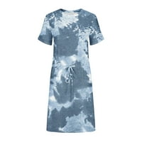 Proljetne haljine za žene ležerna košulja s okruglim vratom s kratkim rukavima s cvjetnim printom na vezanje s džepovima plava ponuda