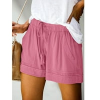 91 ženske Ležerne ljetne pamučne kratke hlače srednjeg rasta s elastičnim strukom i grafičkim printom u ružičastoj boji, Veličina