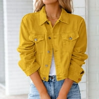 Ženska Vintage istrošena kratka traper jakna na kopčanje s džepom u žutoj boji.