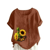 Ženske pamučne lanene košulje s printom suncokreta majice kratkih rukava Plus size Ležerne ljetne majice širokog kroja majice bluze